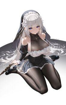 1girl absurdres bare_shoulders black_bodystocking black_dress black_pantyhose black_shoes bodystocking breasts chinese_commentary cross cross_necklace detached_sleeves dress earrings full_body highres huang_(pixiv3580877) jewelry large_breasts lelia_(sinisistar) long_hair looking_at_viewer mary_janes mole mole_on_breast necklace nun pantyhose purple_eyes see-through_cleavage see-through_clothes see-through_dress shoes sideboob simple_background sinisistar_2 solo transparent_dress transparent_top variant_set very_long_hair white_background white_hair