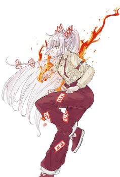 1girl absurdres blunt_bangs bow buttons collared_shirt commentary fire footwear_bow fujiwara_no_mokou hair_bow hand_on_own_leg highres kashiwada_kiiho leg_up long_hair multiple_hair_bows ofuda open_mouth pants profile red_bow red_eyes red_pants red_shoes shirt shoes sideways_mouth signature simple_background sleeve_garter solo suspender_pants touhou two-tone_bow very_long_hair white_background white_bow white_hair white_shirt