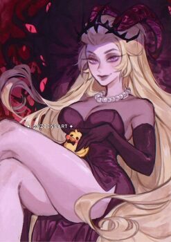 Rule 34 | 1girl, azeen, blonde hair, breasts, demon girl, demon horns, dress, hazbin hotel, hellaverse, highres, horns, large breasts, lilith (hazbin hotel), long hair, purple dress, solo, very long hair