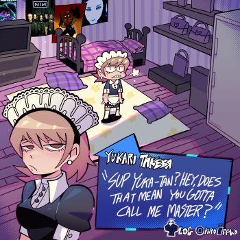 1girl :/ absurdres apron bed_frame boyfriend_(friday_night_funkin') breasts brown_eyes brown_hair close-up closed_mouth commentary derivative_work earrings english_commentary english_text evanescence friday_night_funkin' highres indoors jewelry jiansketch looking_at_viewer maid maid_apron maid_headdress medium_breasts movie_poster_(object) nine_inch_nails persona persona_3 persona_3_reload poster_(object) screenshot_redraw short_hair sigh takeba_yukari upper_body