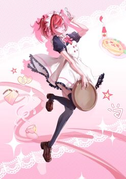 Rule 34 | 1girl, apron, arms up, ayase momo, brown shoes, dandadan, food, full body, highres, holding, holding plate, jesse000712, kettle, maid, maid apron, plate, puffy short sleeves, puffy sleeves, red eyes, red hair, shoes, short hair, short sleeves, smile, solo, standing, standing on one leg, thighhighs, twintails