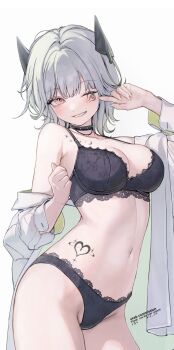 10_plus 1girl black_bra black_choker black_panties bra breasts choker cleavage commission grey_hair heart heart_tattoo highres lace lace-trimmed_bra lace-trimmed_panties lace_trim medium_breasts multiple_tattoos navel one_eye_closed open_clothes open_shirt original panties pink_eyes shirt short_hair skeb_commission smile solo tattoo underwear white_shirt