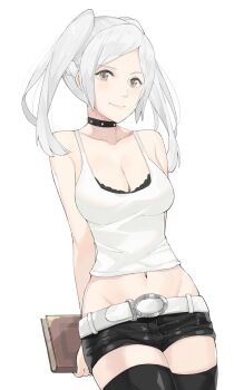 1girl bare_shoulders bike_shorts black_bra bra breasts brown_eyes casual choker cleavage female_focus female_robin_(fire_emblem) fire_emblem fire_emblem_awakening fire_emblem_heroes highres j@ck large_breasts long_hair looking_at_viewer navel nintendo shirt short_shorts shorts silver_hair smile solo standing twintails underwear white_shirt