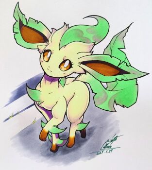 Rule 34 | 025aki, absurdres, brown eyes, commentary request, gen 4 pokemon, highres, leaf, leafeon, looking at viewer, nintendo, no humans, pokemon, pokemon (creature), signature, solo, tail, yellow fur