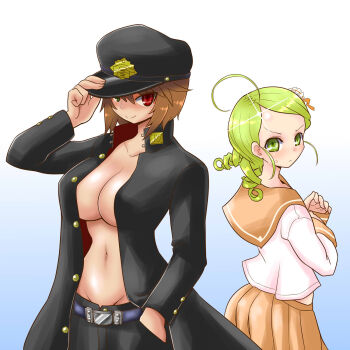 Rule 34 | 2girls, adjusting clothes, adjusting headwear, ahoge, alternate breast size (larger), alternate costume, banchou, black coat, black hat, blue background, blush, breasts, brown hair, brown sailor collar, brown skirt, closed mouth, coat, commentary request, cowboy shot, delinquent, drill hair, gradient background, green eyes, green hair, hat, heterochromia, highres, itini-sanshi, kanaria, large breasts, looking at viewer, multiple girls, navel, no shirt, open clothes, open coat, peaked cap, red eyes, rozen maiden, sailor collar, school uniform, shirt, short hair, skirt, smile, souseiseki, swept bangs, twin drills, white background, white shirt