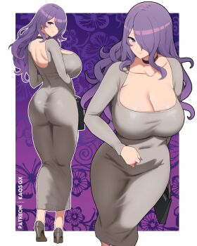 1girl absurdres artist_name ass bag black_bag black_choker border breasts camilla_(fire_emblem) choker cleavage closed_mouth collarbone dongtan_dress dress earrings fire_emblem fire_emblem_fates grey_dress hair_over_one_eye handbag highres huge_breasts jewelry kaos_art long_dress long_hair looking_at_viewer looking_back multiple_views nintendo outside_border patreon_username purple_background purple_eyes purple_nails smile white_border