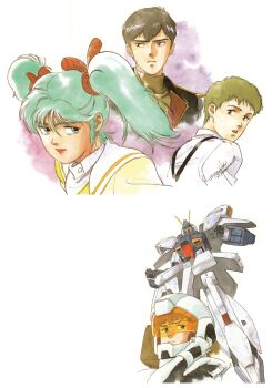 1980s_(style) 1girl 3boys absurdres amuro_ray aqua_hair black_hair blue_eyes brown_eyes brown_hair char's_counterattack earth_federation gun-ez gundam gyunei_guss hathaway_noa highres kitazume_hiroyuki magazine_scan mecha mecha_pilot_suit military_uniform missile_pod mobile_suit multiple_boys neo_zeon oldschool painting_(medium) quess_paraya retro_artstyle robot scan science_fiction suspenders traditional_media v-fin yellow_visor