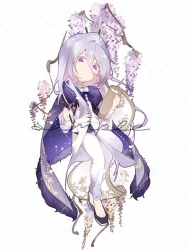 1boy bamboo_print black_shoes branch cael_anselm calligraphy_brush cape chinese_clothes chinese_commentary coat commentary_request deformed flats flower full_body fur-trimmed_cape fur_trim grey_hair hair_between_eyes highres holding holding_calligraphy_brush holding_paintbrush holding_scroll long_hair long_hair_between_eyes long_sleeves looking_at_viewer loosely_tucked_bangs lovebrush_chronicles male_focus no_mouth official_alternate_costume paintbrush pants purple_cape purple_eyes purple_flower sample_watermark scroll shoes simple_background solo sweater_guard tangzhuang very_long_hair wangulongdong watermark watermark_grid white_background white_coat white_pants wisteria