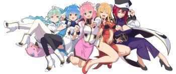 5girls :d absurdres black_shoes black_thighhighs blonde_hair blue_bow blue_bowtie blue_dress blue_eyes blue_hair boots bow bowtie breasts brooch cleavage_cutout clothing_cutout dress drill_hair facial_mark flower forehead_mark forte_stollen full_body galaxy_angel gem green_hair green_hairband hair_flower hair_ornament hairband hat high_heels highres jacket jewelry juliet_sleeves large_breasts long_hair long_sleeves looking_at_viewer medium_breasts milfeulle_sakuraba mint_blancmanche monochrome monocle multiple_girls navel normad one_eye_closed open_mouth outstretched_arm parted_lips peaked_cap pencil_skirt pink_hair pink_skirt ponytail puffy_short_sleeves puffy_sleeves purple_dress ranpha_franboise red_eyes red_gemstone red_hair red_shoes shinomu_(cinomoon) shoes short_hair short_sleeves simple_background skirt sleeve_cuffs smile stomach_cutout thighhighs vanilla_h white_background white_boots white_jacket