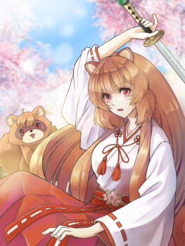 1girl 1other animal_ear_fluff animal_ears arm_up blue_sky blunt_bangs breasts brown_hair cherry_blossoms commentary_request cowboy day dekuashi hakama hakama_skirt highres holding holding_sword holding_weapon japanese_clothes katana kosode long_hair long_sleeves looking_at_viewer medium_breasts miko open_mouth outdoors raccoon_ears raccoon_girl raccoon_tail raphtalia red_eyes red_ribbon red_skirt ribbon ribbon-trimmed_sleeves ribbon_trim sitting skirt sky solo_focus spring_(season) sword tail tanuki tate_no_yuusha_no_nariagari weapon western white_kosode