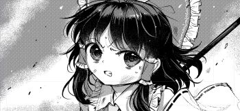 1girl angry black_hair collared_shirt detached_sleeves frilled_ribbon frills greyscale hair_ribbon hakurei_reimu long_hair monochrome ribbon shirt solo suna_(s73d) sweat touhou