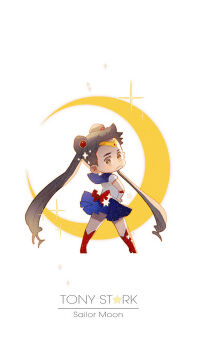 1boy alternate_hair_length alternate_hairstyle animification back back_bow bare_shoulders bishoujo_senshi_sailor_moon blue_skirt boots bow brown_eyes brown_hair character_name chibi circlet commentary cosplay crescent crossdressing elbow_gloves english_commentary facial_hair from_behind full_body gem gloves hair_ornament hand_on_own_hip heart heart-shaped_pupils high_heel_boots high_heels iron_man_(series) long_hair looking_at_viewer looking_back male_focus marvel marvel mian_lang no_mouth pleated_skirt red_boots red_bow red_gemstone sailor_moon sailor_moon_(cosplay) sailor_senshi_uniform shirt simple_background skirt sleeveless sleeveless_shirt solo sparkle standing star_(symbol) symbol-shaped_pupils tony_stark twintails very_long_hair white_background white_gloves white_shirt