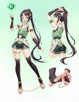 1boy absurdres bare_shoulders black_gloves black_hair black_panties black_thighhighs blue_eyes bound bound_toes clothing_cutout commentary_request drooling elbow_gloves gag gagged gloves green_shirt highres hip_vent large_variant_set long_hair looking_at_viewer multiple_views navel navel_cutout original panties ponytail pubic_tattoo ribbon ring_gag sandals shirt shorts side-tie_panties skindentation standing standing_on_one_leg stirrup_legwear stomach tattoo thighhighs toeless_legwear tongue tongue_out trap underwear variant_set very_long_hair white_ribbon xo_(xo17800108) zettai_ryouiki