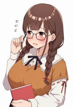 Rule 34 | 1girl, :o, absurdres, bespectacled, black-framed eyewear, black ribbon, blush, book, braid, breasts, brown sweater vest, commentary request, flying sweatdrops, frilled sailor collar, frills, glasses, highres, holding, holding book, holding own hair, idolmaster, idolmaster shiny colors, karua (karua23), large breasts, long hair, long sleeves, neck ribbon, ribbon, sailor collar, shirt, simple background, solo, sonoda chiyoko, sweatdrop, sweater vest, twin braids, upper body, white background, white shirt