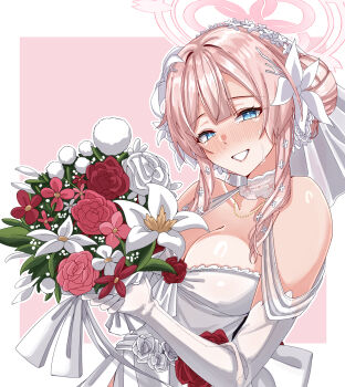 1girl absurdres bare_shoulders blue_archive blue_eyes blush bouquet breasts cleavage crying crying_with_eyes_open dress flower grin hair_bun hair_flower hair_ornament halo highres holding holding_bouquet large_breasts looking_at_viewer mimori_(blue_archive) pink_flower pink_hair pink_halo rynn_(darknescorez) sleeveless sleeveless_dress smile solo strapless strapless_dress tears wedding_dress white_dress white_flower