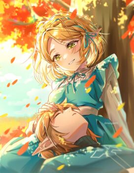 1boy 1girl aqua_dress aqua_ribbon aqua_tunic autumn_leaves black_sweater braid breasts closed_eyes crown_braid dress falling_leaves green_eyes hair_ribbon hand_on_another's_head hetero highres lap_pillow leaf link long_sleeves manggwi55 medium_breasts nintendo parted_bangs parted_lips pointy_ears princess_zelda ribbon shirt short_hair sweater the_legend_of_zelda the_legend_of_zelda:_tears_of_the_kingdom tree tunic turtleneck turtleneck_sweater under_tree white_shirt
