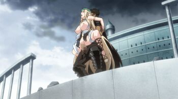 1boy 1girl animated animated_gif blonde_hair bouncing_breasts breasts celestine_lucullus elf green_eyes hetero huge_breasts kuroinu_~kedakaki_seijo_wa_hakudaku_ni_somaru~ lifting_person long_hair outdoors pale_skin penis pointy_ears public_indecency sex sex_from_behind vaginal vult_(kuroinu)