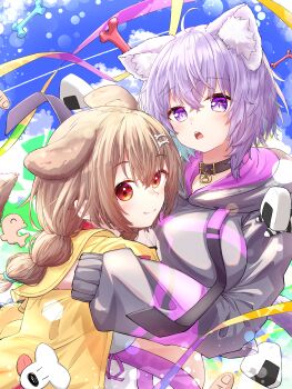 2girls absurdres animal_ears black_collar black_hoodie bone_hair_ornament braid brown_eyes brown_hair cat_ears cat_girl closed_mouth collar commentary dog_ears dog_girl hair_ornament highres hololive hood hoodie hug inugami_korone inugami_korone_(1st_costume) jacket looking_at_viewer medium_hair multiple_girls nekomata_okayu nekomata_okayu_(1st_costume) onigirya_(nekomata_okayu) open_mouth outdoors pants purple_eyes purple_hair smile twin_braids u_da_desu virtual_youtuber white_pants yellow_jacket