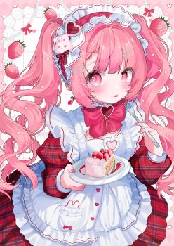 Rule 34 | 1girl, absurdres, apron, averting eyes, beads, blush, bow, bowtie, braid, braided sidelock, breasts, cake, candy, cleavage, commentary, cowboy shot, dress, food, food on face, fork, frilled apron, frilled headwear, frilled shirt collar, frills, fruit, fruit earrings, hair between eyes, hair ornament, hairclip, hand up, heart, highres, holding, holding fork, holding plate, ibispaint (medium), icing, long hair, maid, maid apron, maid headdress, original, pearl hair ornament, pink eyes, pink hair, pink nails, plaid clothes, plaid dress, plate, pocket, red bow, red bowtie, red dress, shiina (qh38crgwgf1yeut), sidelocks, solo, strawberry, strawberry cake, symbol-only commentary, tongue, tongue out, twintails, wavy hair