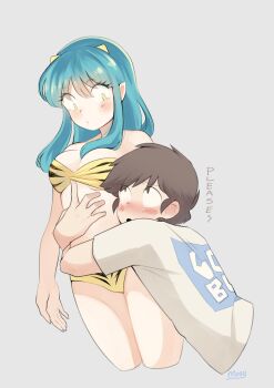 1boy 1girl absurdres animal_print aqua_hair bikini bikini_top_pull blush breasts brown_hair commentary cone_horns grey_background highres horns hug lum moroboshi_ataru mosyart pointy_ears print_bikini short_hair sidelocks signature simple_background swimsuit tiger_print urusei_yatsura