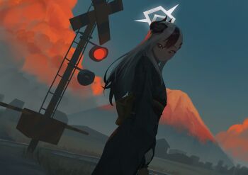 1girl absurdres black_hair black_horns black_kimono blue_archive blue_sky closed_mouth commentary dated_commentary grey_halo halo highres horns japanese_clothes kayoko_(blue_archive) kayoko_(new_year)_(blue_archive) kimono long_hair looking_at_viewer mountain multicolored_hair outdoors red_eyes rifu002 sky smile solo two-tone_hair