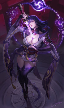 1girl absurdly_long_hair absurdres arm_up beads braid breasts bridal_gauntlets brooch citemer crack cracked_floor detached_collar drawing_sword electricity fingernails from_above full_body genshin_impact glowing hair_ornament head_tilt highres holding holding_sword holding_weapon human_scabbard japanese_clothes jewelry kimono large_breasts long_hair looking_at_viewer looking_up low-braided_long_hair low-tied_long_hair mole mole_under_eye nail_polish neck_ribbon obi obiage obijime parted_lips purple_eyes purple_hair purple_nails raiden_shogun ribbon sash shards sharp_fingernails short_kimono signature single_braid solo standing sword tassel thighhighs tomoe_(symbol) very_long_hair weapon wide_sleeves