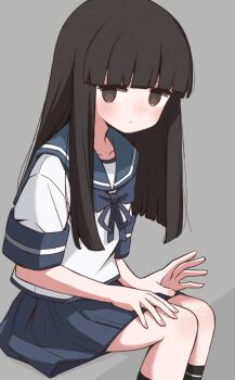 1girl aki_inu black_hair blue_sailor_collar blue_skirt blunt_bangs brown_eyes commentary_request feet_out_of_frame hatsuyuki_(kancolle) hime_cut kantai_collection long_hair pleated_skirt sailor_collar school_uniform serafuku shirt sitting skirt solo white_shirt