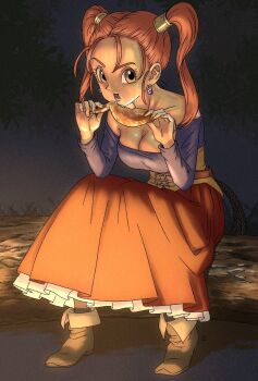 1girl artist_request breasts campfire cleavage dragon_quest dragon_quest_viii eating jessica_albert large_breasts outdoors skirt solo square_enix squatting strapless twintails