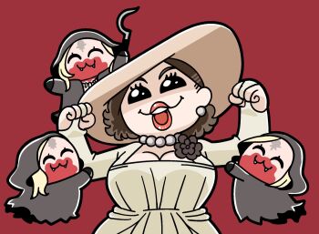 4girls :3 ^_^ alcina_dimitrescu bela_dimitrescu bkub black_flower blonde_hair blood_on_mouth breasts brown_hair brown_hat cassandra_dimitrescu cleavage clenched_hands closed_eyes closed_mouth commentary corsage daniela_dimitrescu dress earrings eyelashes fangs flower hands_up hat holding holding_sickle hood hood_up jewelry large_breasts multiple_girls necklace no_nose open_mouth pearl_earrings pearl_necklace red_background red_lips resident_evil resident_evil_village short_hair sickle simple_background smile sun_hat teeth upper_teeth_only white_dress