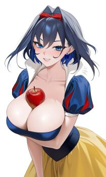 Rule 34 | 1girl, :d, absurdres, apple, arm under breasts, black hair, blue eyes, blue hair, bow hairband, breasts, cleavage, colored inner hair, cosplay, fanged bangs, food, food on body, food on breasts, fruit, grin, hair intakes, hairband, highres, hololive, hololive english, large breasts, looking at viewer, multicolored hair, oikomia, open mouth, ouro kronii, puffy short sleeves, puffy sleeves, short hair, short sleeves, simple background, skirt, smile, snow white (disney), snow white (disney) (cosplay), snow white and the seven dwarfs (disney), solo, virtual youtuber, white background, yellow skirt