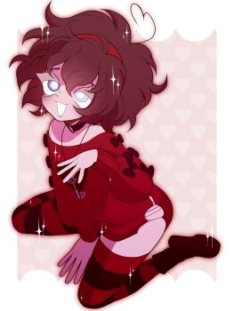 1girl absurdres ahoge boots bow choker commentary commission dreamalgia english_commentary eyelashes heart heart_ahoge heterochromia highres open_mouth original smile solo sweater thighhighs torn_clothes