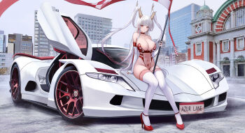 absurdres aspark_owl azur_lane breasts car dragon_girl dragon_horns grey_hair hair_on_horn high_heels highres horns kcar66t large_breasts motor_vehicle race_queen sakura_empire_(emblem) see-through_clothes shimanto_(azur_lane) thighhighs tokyo_station white_hair white_thighhighs