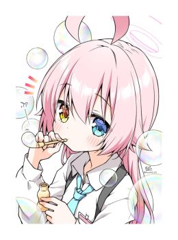 1girl anzu_ame blowing_bubbles blue_archive blue_eyes blue_necktie blush border breast_pocket bubble_pipe closed_mouth collared_shirt commentary_request dress_shirt eyes_visible_through_hair hair_between_eyes halo hands_up heterochromia highres hoshino_(blue_archive) long_hair looking_at_viewer necktie notice_lines pink_hair pink_halo pocket school_uniform shirt sidelocks simple_background soap_bubbles solo sound_effects twitter_username upper_body white_background white_border white_shirt yellow_eyes