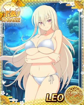 Rule 34 | 1girl, against railing, aquarius (symbol), aries (symbol), armpit crease, arms under breasts, banister, bare shoulders, bikini, blonde hair, blush, body blush, border, breasts, bug, butterfly, cancer (symbol), capricorn (symbol), card (medium), character name, cleavage, closed mouth, cloud, cowboy shot, crossed arms, dodecagram, forest, full moon, gemini (symbol), grey bikini, groin, hair between eyes, insect, large breasts, lens flare, leo (senran kagura), leo (symbol), libra (symbol), long hair, looking at viewer, lowleg, lowleg bikini, micro bikini, moon, nature, navel, night, official art, outdoors, pisces (symbol), plant, purple eyes, railing, sagittarius (symbol), school emblem, scorpio (symbol), senran kagura, senran kagura new wave, shiny skin, shiny swimsuit, shoulder blush, side-tie bikini bottom, silver bikini, skindentation, sky, smile, solo, sparkle, standing, star (sky), starry sky, string bikini, swimsuit, taurus (symbol), tree, very long hair, virgo (symbol), zodiac wheel