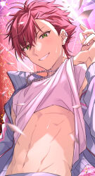 Rule 34 | 1boy, chain necklace, clothes lift, earrings, green eyes, helios rising heroes, highres, jacket, jewelry, male focus, midriff, navel, necklace, otori akira, red hair, sekina, shirt, shirt lift, short hair, smile, solo, stomach, teeth, white shirt