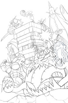 antennae arms_up bis814 blacephalon buzzwole celesteela claws clenched_hands closed_mouth commentary_request covered_eyes eyelashes gen_7_pokemon greyscale guzzlord highres holding_detached_head horns kartana lineart long_neck monochrome muscular naganadel nihilego nintendo open_mouth pheromosa pokemon pokemon_(creature) pokemon_focus proboscis simple_background sitting spikes stakataka stinger tentacles ultra_beast white_background wings xurkitree