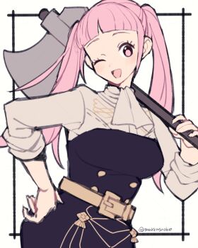 1girl ;d ascot axe belt breasts buttons do_m_kaeru fire_emblem fire_emblem:_three_houses garreg_mach_monastery_uniform hilda_valentine_goneril holding holding_axe holding_weapon long_hair medium_breasts nintendo one_eye_closed open_mouth pink_eyes pink_hair simple_background smile solo twintails weapon white_ascot white_background yellow_belt
