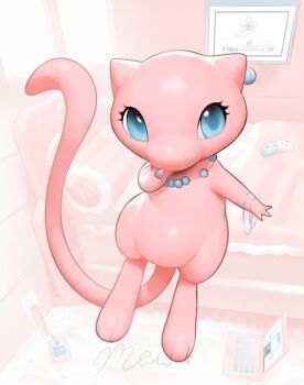 1girl animal_ears animal_feet animal_nose bed bedroom blue_eyes blue_ring computer controller digital_media_player earrings eyelashes floating furry furry_female game_controller gen_1_pokemon highres inkune ipod jewelry laptop legendary_pokemon looking_at_viewer mew_(pokemon) mythical_pokemon necklace nintendo pearl_earrings pearl_necklace pink_fur pokemon pokemon_(creature) ring rug very_long_tail