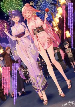 2girls :d aerial_fireworks animal_ears blush braid breasts cleft_of_venus closed_eyes collarbone crowd distracted_boyfriend_(meme) dutch_angle exhibitionism fireworks flower food fox_ears genshin_impact hair_between_eyes hair_ornament hairpin hand_on_another's_arm hands_up highres holding holding_food japanese_clothes kimono long_hair looking_at_another low-braided_long_hair low-tied_long_hair medium_breasts meme mole mole_under_eye multiple_girls nail_polish night nipples no_bra no_panties obi okobo open_mouth pink_hair platform_sandals ppshex pubic_tattoo public_indecency purple_eyes purple_flower purple_hair purple_nails pussy raiden_shogun ribbon-trimmed_legwear ribbon_trim sandals sash see-through_clothes see-through_kimono sky smile standing summer_festival tassel tattoo thighhighs toenail_polish toenails translation_request very_long_hair walking white_thighhighs wide_sleeves yae_miko zouri