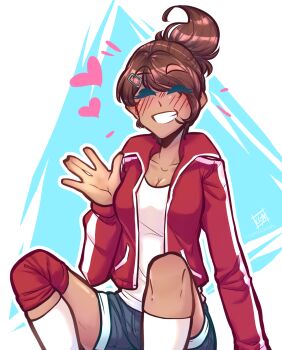 1girl asahina_aoi blue_shorts blush breasts brown_hair cleavage closed_eyes collarbone commentary cosmiccolours danganronpa:_trigger_happy_havoc danganronpa_(series) dark-skinned_female dark_skin english_commentary eyelashes hair_ornament hairclip heart highres jacket long_sleeves open_clothes open_jacket outline ponytail red_jacket shirt shorts sitting smile socks solo tan teeth waving white_outline white_shirt white_socks
