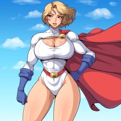Rule 34 | absurdres, blonde hair, blue eyes, blue sky, breasts, cape, cleavage, cleavage cutout, clothing cutout, gloves, highres, huge breasts, large breasts, lips, power girl, short hair, simmsy, sky, thick thighs, thighs, wide hips