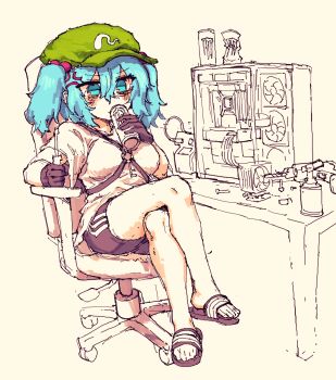 1girl alternate_costume anger_vein black_gloves black_shoes black_shorts blue_eyes blue_hair can casual chair commentary commission computer computer_tower crossed_legs english_commentary flat_cap full_body gloves green_hat hair_between_eyes hair_bobbles hair_ornament hat highres holding holding_can kawashiro_nitori key monster_energy partially_colored rampa93 sandals screwdriver shoes short_hair shorts sitting solo touhou two_side_up