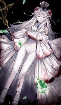 1boy absurdres ascot black_eyes blood blood_on_clothes blue_gemstone bodysuit brooch covered_navel crossdressing crossdressing_(mtf) crown dress e.g.o_(project_moon) faded_memories_(e.g.o) flower gem green_gemstone hair_flower hair_ornament hair_ribbon highres holding holding_staff jewelry library_of_ruina long_hair looking_at_viewer ozma_(project_moon) parted_lips project_moon ribbon roland_(project_moon) shoes solo staff very_long_hair white_ascot white_bodysuit white_dress white_flower white_hair white_ribbon white_shoes y_o_u_k_a