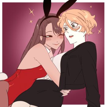 2girls ;) animal_ear_hairband animal_ears black_jacket black_skirt blonde_hair brown_hair claire_(par0llel) collar earrings elliot_(par0llel) fake_animal_ears genderswap genderswap_(mtf) green_eyes hair_between_eyes hairband highres hug jacket jewelry leotard long_hair looking_at_another multiple_girls one_eye_closed original pantyhose par0llel rabbit_ear_hairband rabbit_ears rabbit_tail red_leotard shirt skirt smile spaghetti_strap tail white_shirt yuri