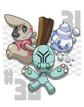 black_eyes blue_eyes blue_sclera bright_pupils colored_sclera commentary_request drop_shadow elgyem gen_5_pokemon green_eyes grin holding kumano_sakunosuke nintendo open_mouth outline pokemon pokemon_(creature) pokemon_focus smile snowflakes teeth timburr vanillite white_outline white_pupils wooden_beam