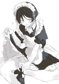 Rule 34 | 1boy, alternate costume, apron, blunt ends, blush, choppy bangs, clothes lift, commentary request, crossdressing, crossdressing (mtf), dress, dress lift, enmaided, frilled apron, frills, garter belt, genshin impact, greyscale, hand on own foot, hand up, heart, highres, juliet sleeves, kingyo (nyankomanjyuu15), long sleeves, looking at viewer, maid, maid apron, maid headdress, male focus, male maid, mary janes, monochrome, open mouth, puffy sleeves, scaramouche (genshin impact), shoes, short sleeves, sitting, sketch, solo, sweat, thighhighs, tsurime, white background