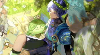 1boy 2girls absurdres alternate_headwear anemo_symbol_(genshin_impact) arama_(genshin_impact) aranara_(genshin_impact) ararycan_(genshin_impact) arm_at_side black_bow black_shorts blonde_hair blue_sleeves blue_trim blunt_ends bodysuit bow camera closed_mouth clothing_cutout detached_sleeves dress eyeliner eyeshadow feather_hair_ornament feathers fingernails genshin_impact gold green_hair hair_ornament hakama hakama_shorts halterneck head_wreath highres hip_vent japanese_clothes looking_at_another lumine_(genshin_impact) makeup multicolored_hair multiple_girls nahida_(genshin_impact) outdoors own_hands_together picnic_blanket pom_pom_(clothes) purple_bodysuit purple_eyes purple_hair purple_rope red_eyeliner red_eyeshadow rope rtms scaramouche_(genshin_impact) scarf seiza short_hair short_hair_with_long_locks short_sleeves shorts shoulder_peek side_ponytail sidelocks sitting smile streaked_hair tree_stump vambraces vision_(genshin_impact) wanderer_(genshin_impact) white_dress white_feathers white_hair white_scarf white_sleeves wispy_bangs yellow_eyes yellow_feathers