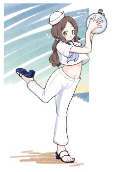 Rule 34 | 1girl, arms up, blue sandals, blush, bottle, brown hair, clip studio paint (medium), closed mouth, commentary request, cropped shirt, full body, glass bottle, green eyes, hat, high heel sandals, high heels, highres, holding, holding bottle, long hair, looking at viewer, olto rondo, original, pants, parted bangs, sandals, shirt, short sleeves, smile, solo, standing, standing on one leg, stomach, white hat, white pants, white shirt