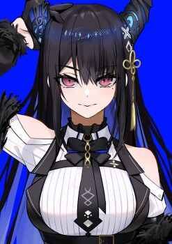 1girl absurdres arm_up bare_shoulders black_hair black_horns blue_background blue_hair breasts closed_mouth commentary english_commentary highres hololive hololive_english horns large_breasts mole mole_under_eye multicolored_hair nerissa_ravencroft nerissa_ravencroft_(1st_costume) purple_eyes shirt simple_background solo thomas_8000 two-tone_hair upper_body virtual_youtuber white_shirt