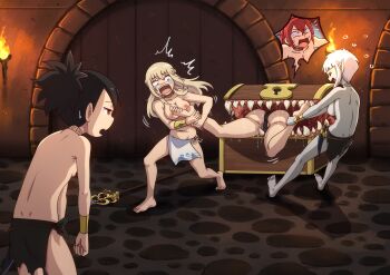 4girls absurdres ass back barefoot black_hair blonde_hair blue_eyes bracelet breasts closed_eyes commission commissioner_upload constricted_pupils drow dungeon eleanor_(someinternetloser) fang flat_chest grabbing_another&#039;s_leg half-closed_eyes highres indoors jewelry loincloth loli long_hair luna_(someinternetloser) medium_breasts mimic mimic_chest multiple_girls nipples open_mouth original phaeris_(someinternetloser) ponytail red_eyes red_hair roxie_(someinternetloser) screaming short_hair sideboob slave staff stuck surprised sweatdrop tattoo the_dark_mangaka topless_female torch treasure_chest white_hair